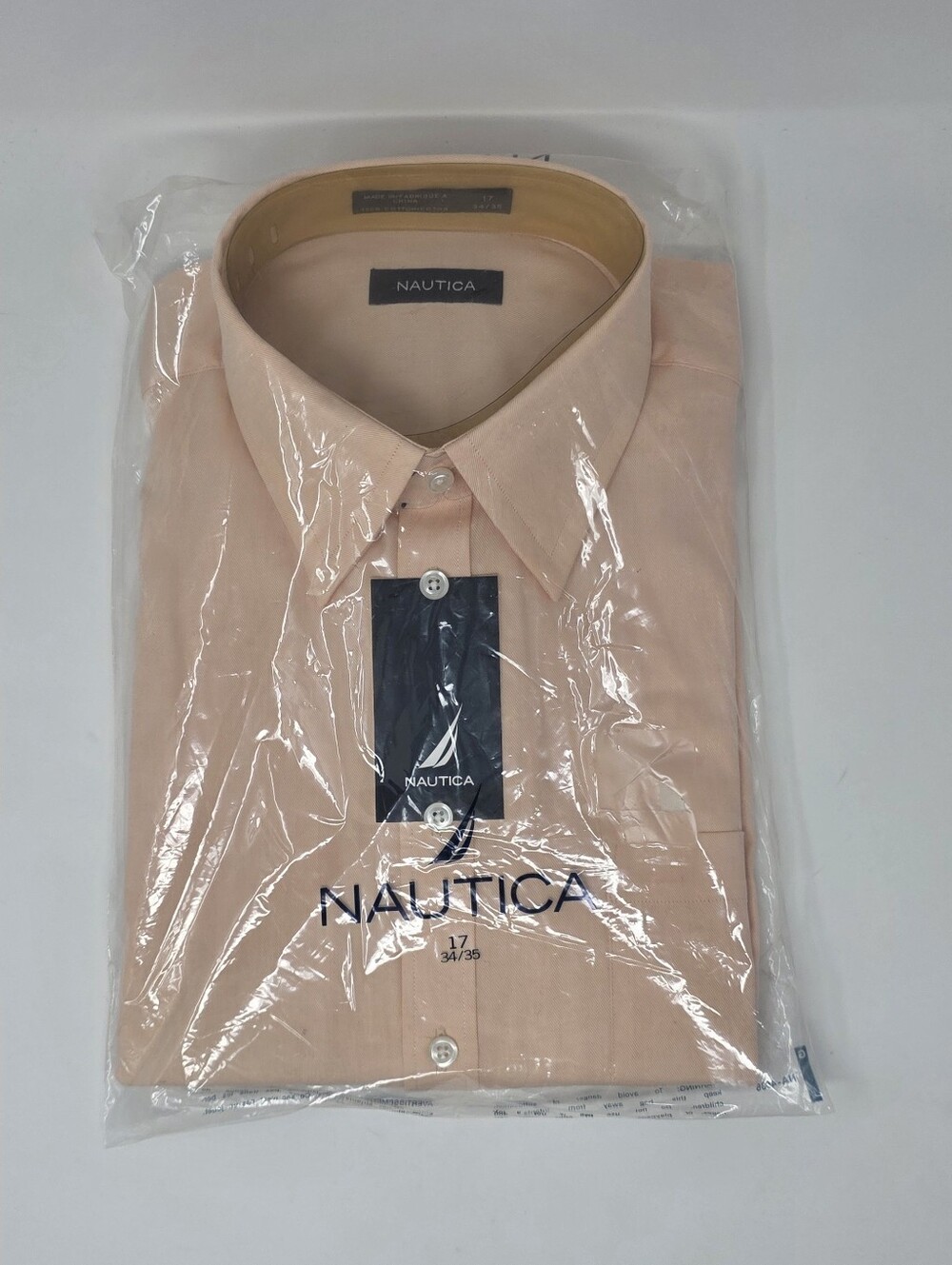 Nautica Men's Dress Shirt Neck 17 Sleeve Length 34/35 Solid Peach Front Pocket